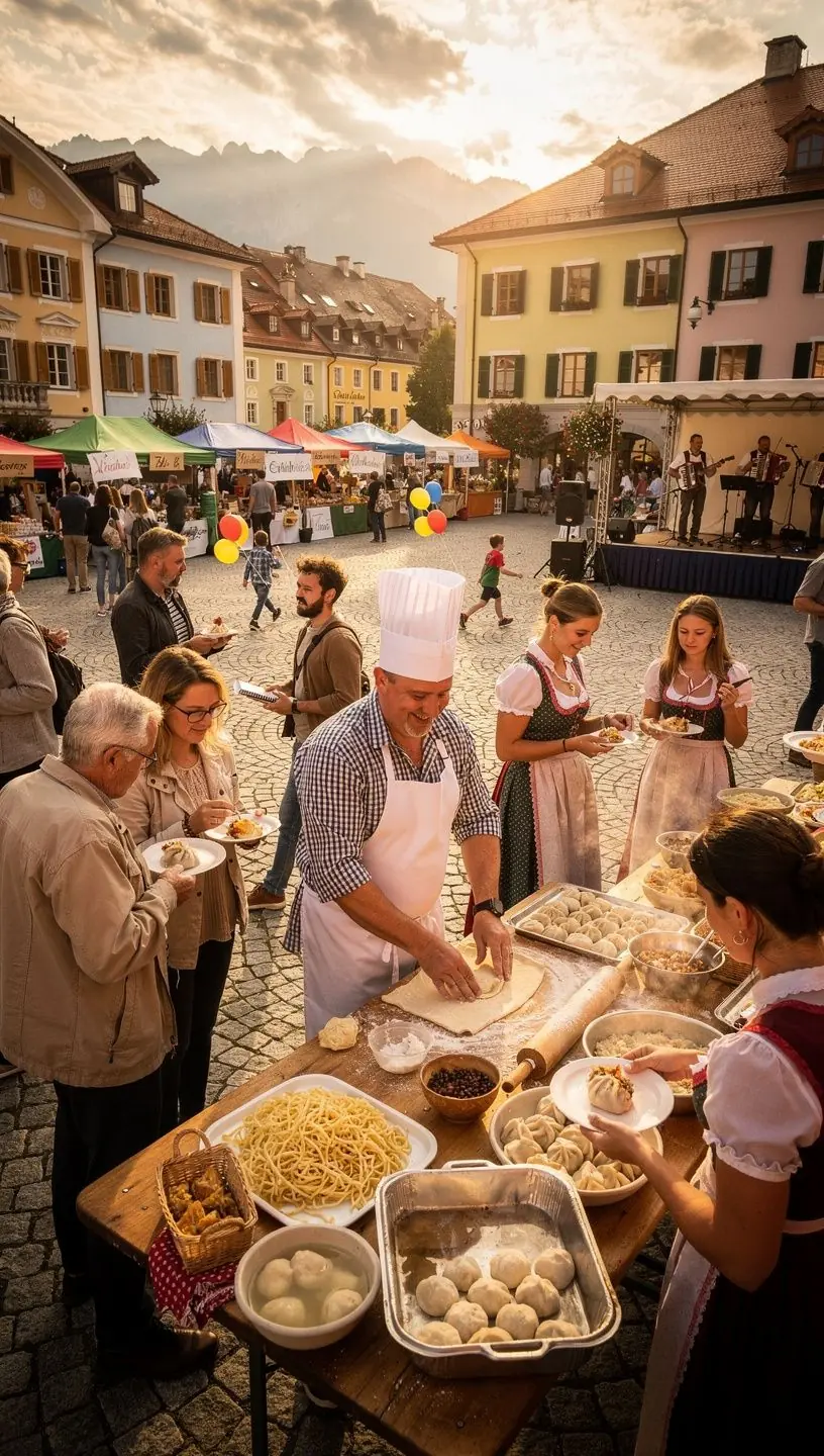 Eine Gruppe von Teilnehmern, die eifrig KnГ¶del formen und ihre HГ¤nde mit Teig bedeckt haben.