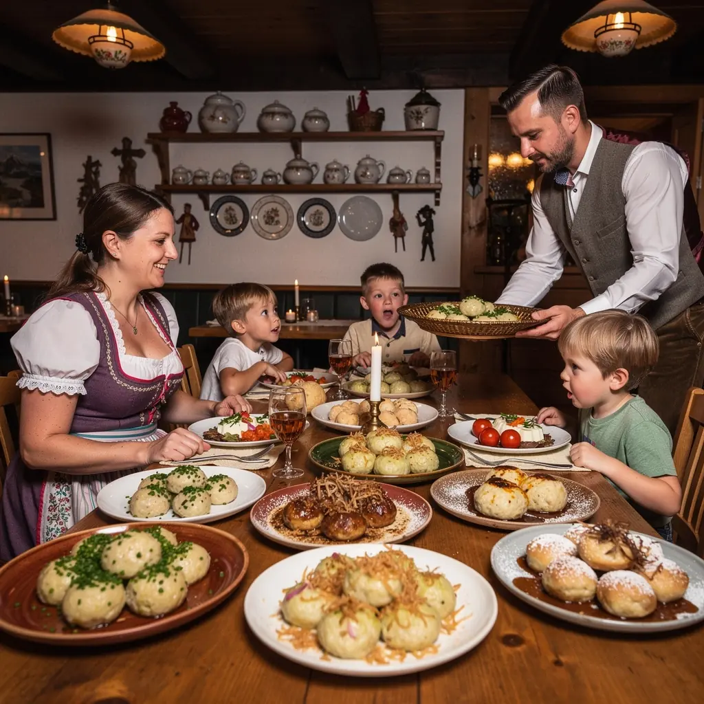 Ein Tablett mit verschiedenen KnГ¶delvariationen, darunter sГјГџe und herzhafte Optionen.