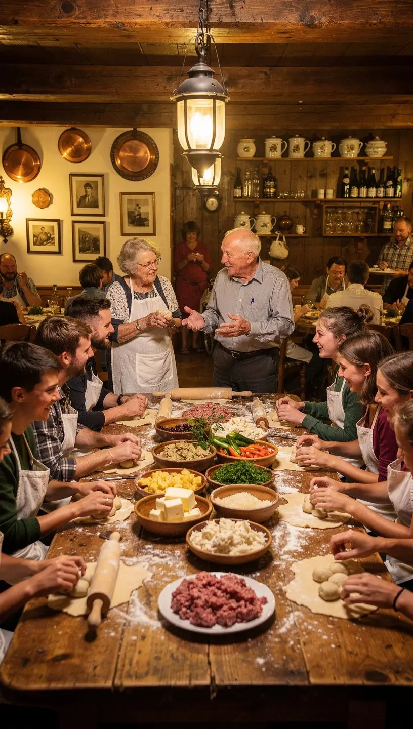 Ein gemГјtlicher Arbeitsbereich mit Zutaten wie Mehl, Kartoffeln und GewГјrzen fГјr die KnГ¶delherstellung.