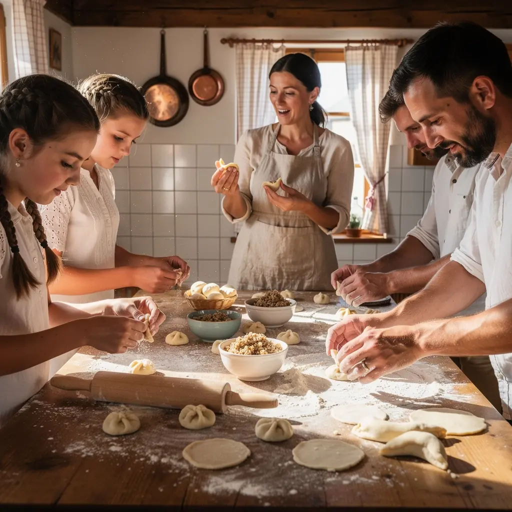 Teilnehmer eines Workshops, die gemeinsam Knödel formen und lachen.
