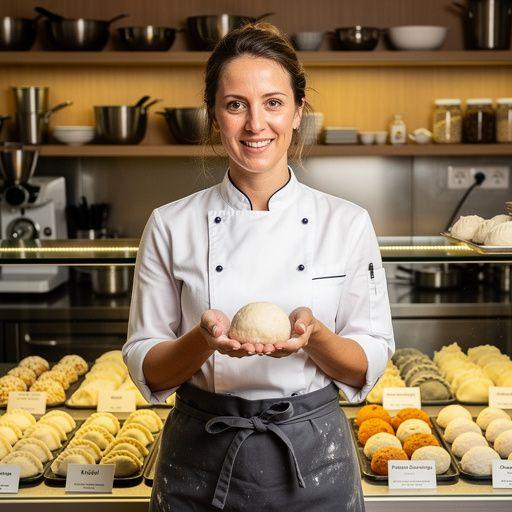 Ein Koch, der mit Begeisterung Teig für Knödel knetet und formt.