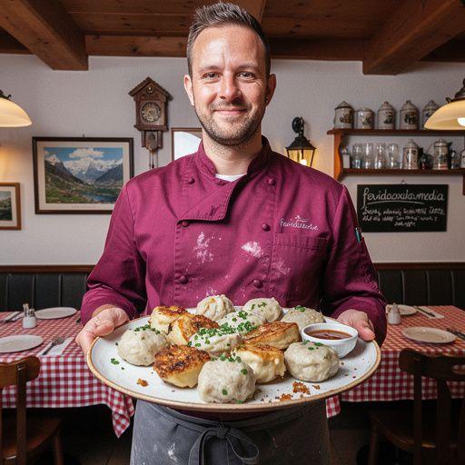Eine Nahaufnahme von dampfenden Knödeln, die in einer Schüssel mit Soße serviert werden.